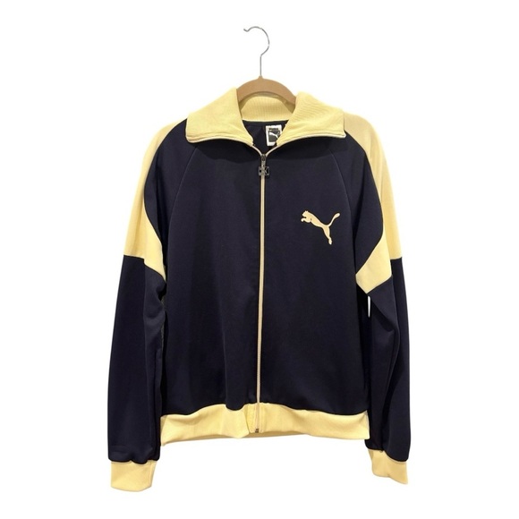 Vintage 70s Puma Track Jacket Full Zip Warmup Cream Navy Blue XL Retro Sporty - Picture 1 of 9